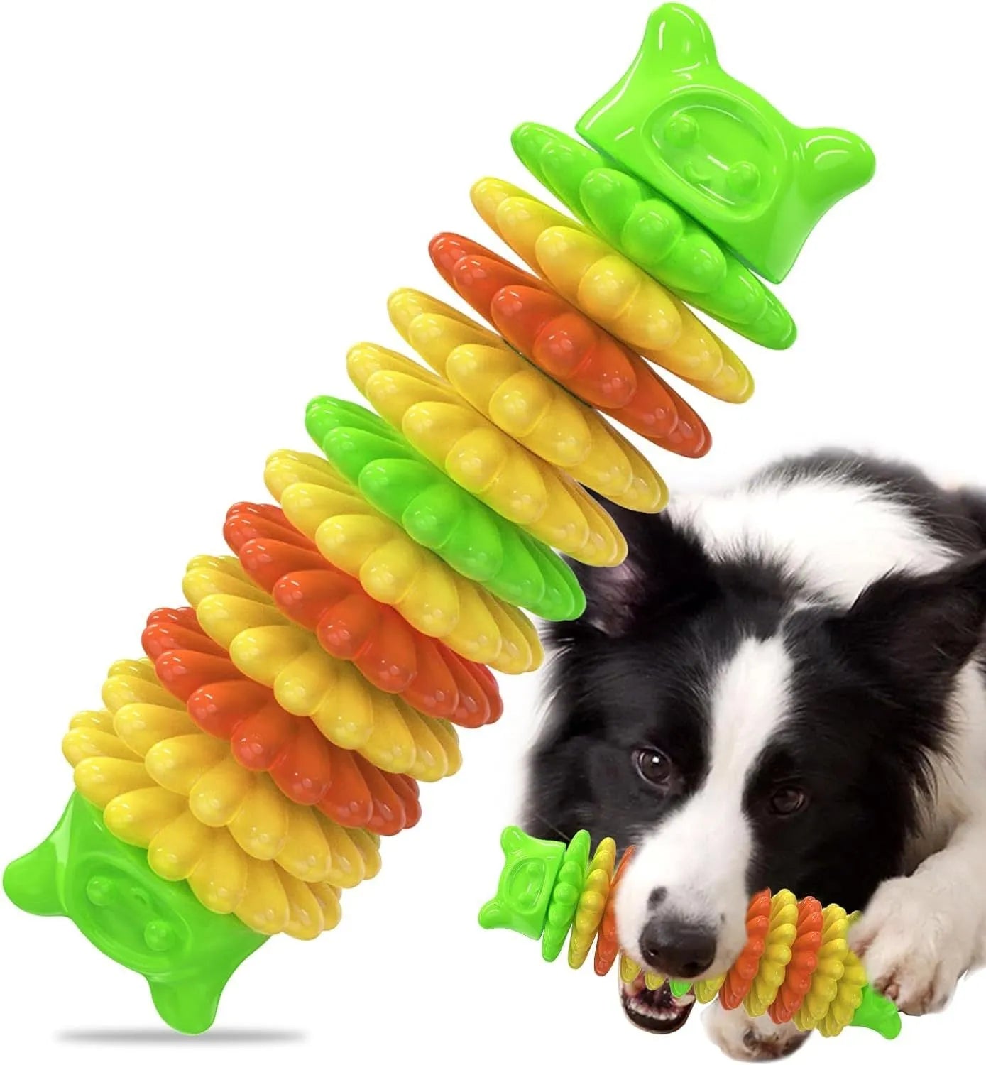 Blue caterpillar-shaped natural rubber dog chew toy for aggressive chewers