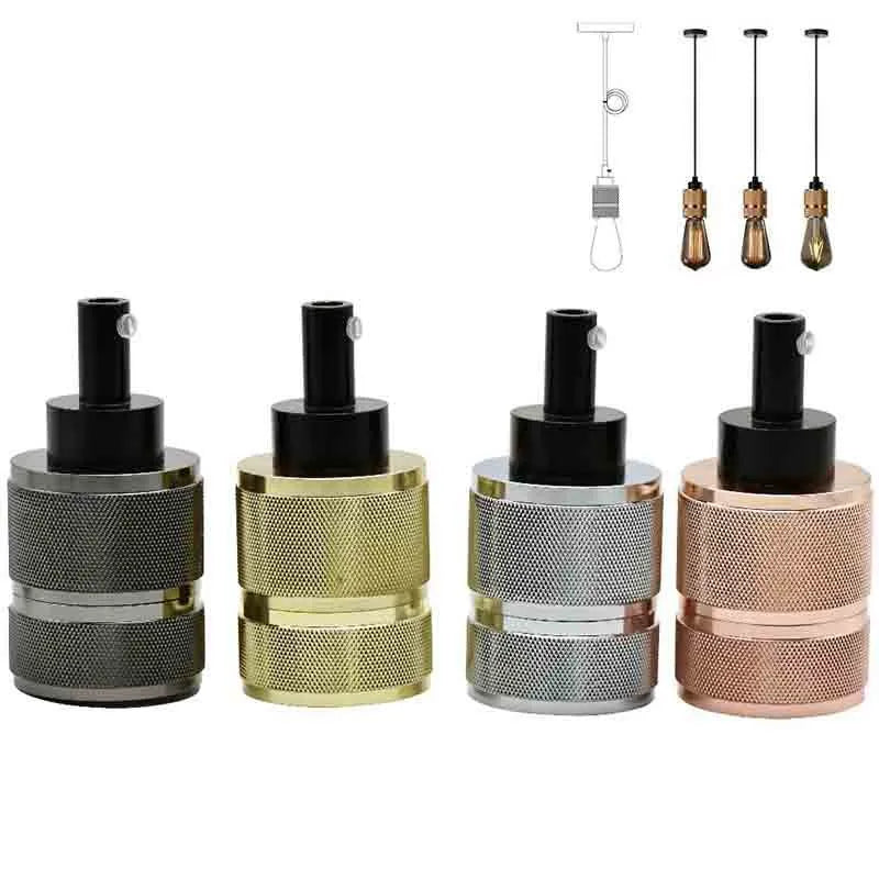 DIY retro chandelier assembly kit with metal lamp holder and braided power cord in chrome, gold, rose gold, and black.