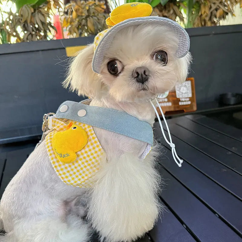 Adjustable pet harness and leash set with cotton cat clothes outfit, cute hat, and wire rope pulling toy