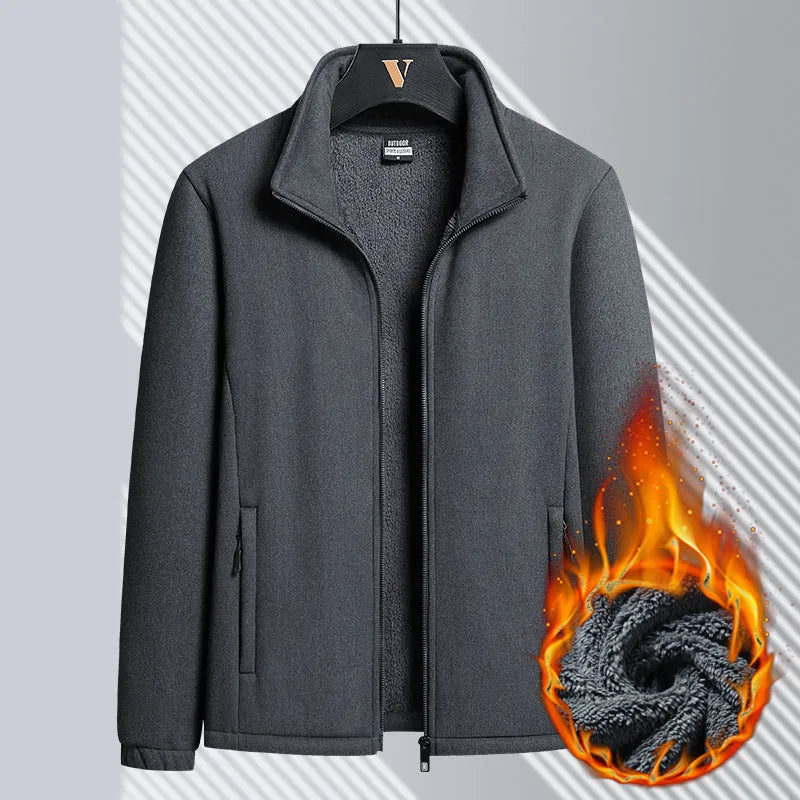 Men's grey Berber fleece coat with stand-up collar and zippered pockets