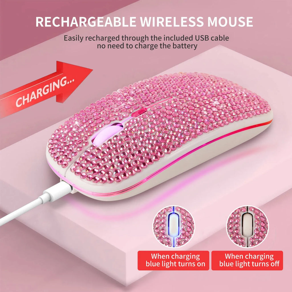 Rechargeable mute crystal rhinestone mouse in silver on desk, with USB charging cable
