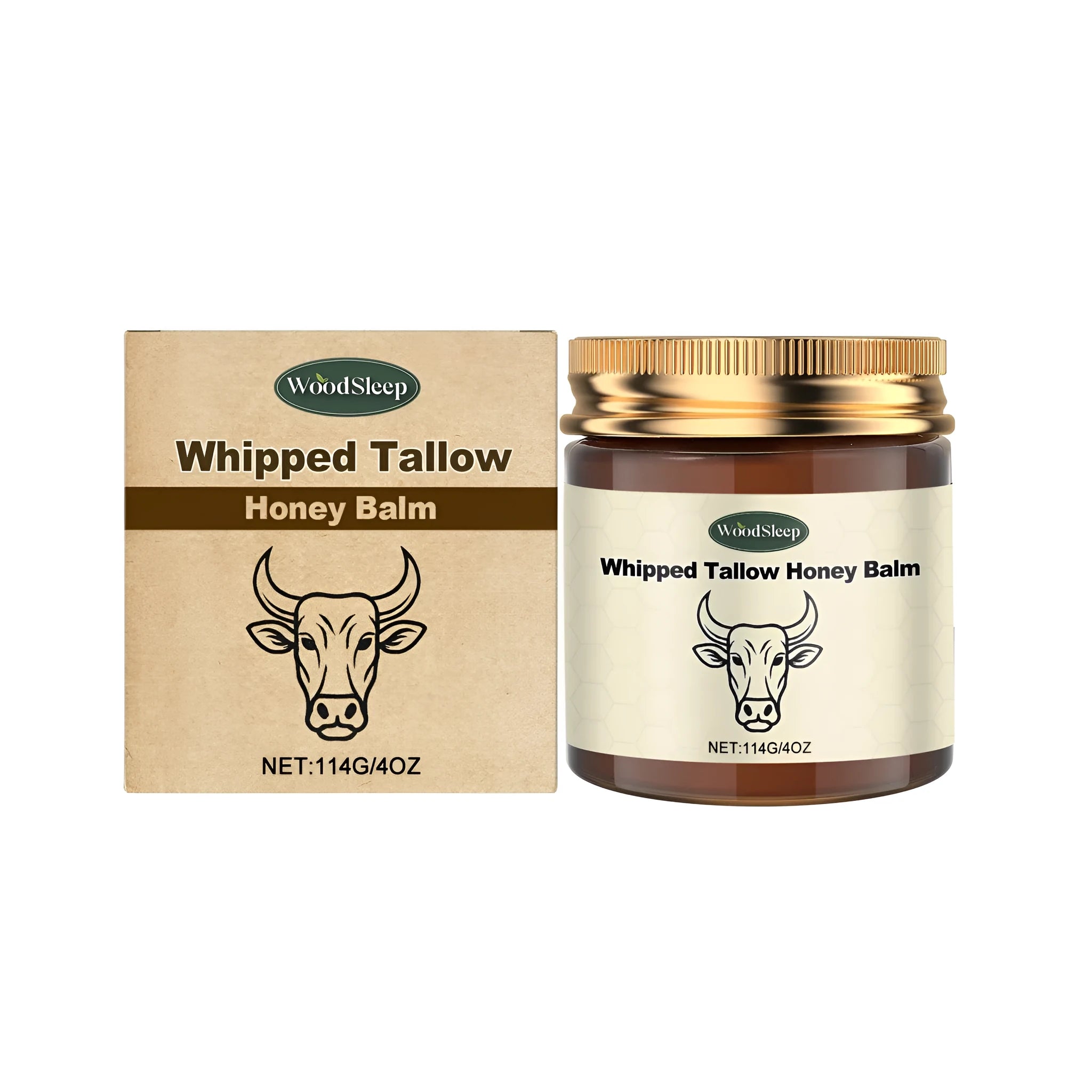 Whipped Tallow Honey Balm 114g in white jar with gold lid on neutral background