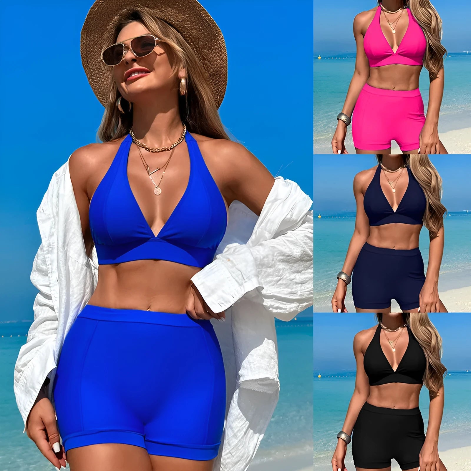 Women's black nylon bikini swimsuit with polyester lining, shown on model
