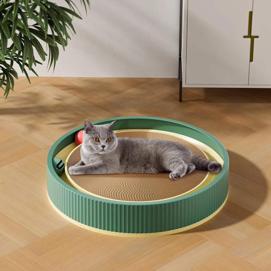 Large circular green cat scratching board with ball track toys and removable centre section