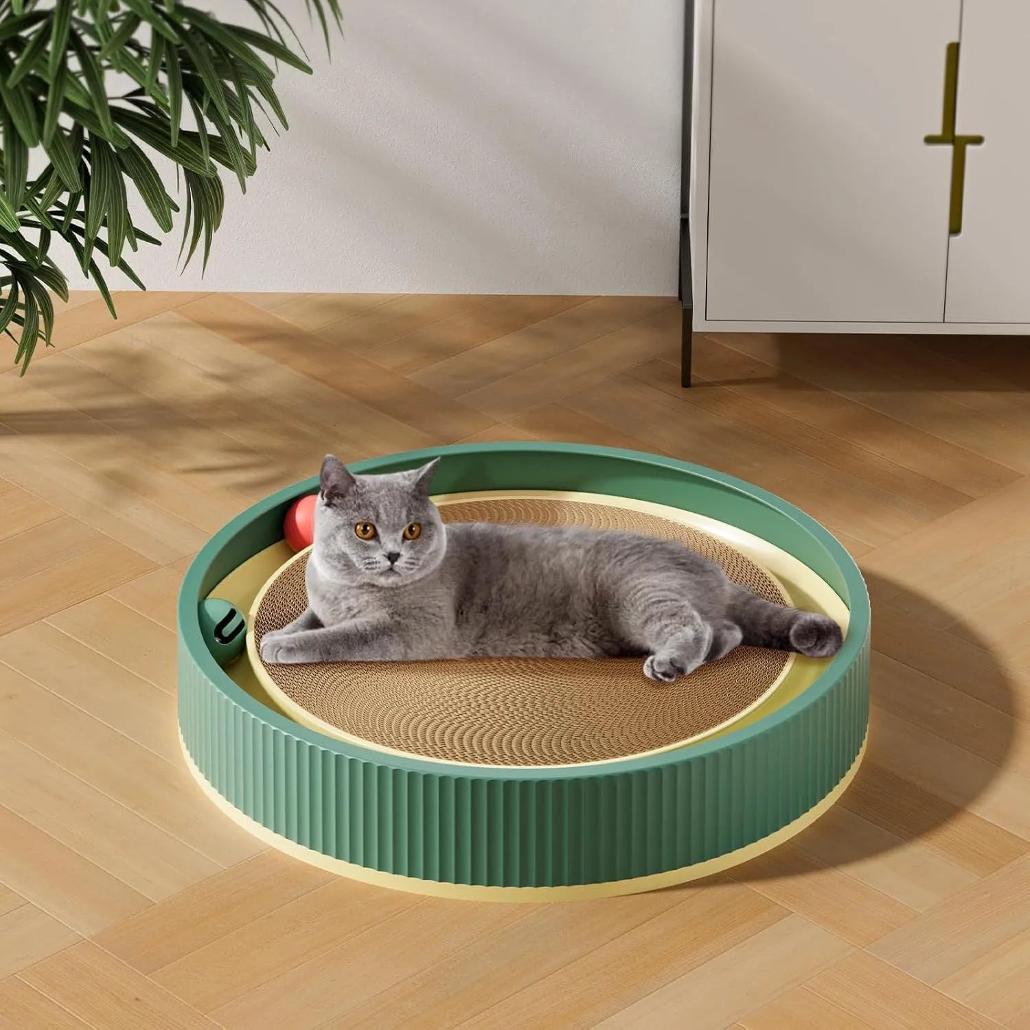 Large circular green cat scratching board with ball track toys and removable centre section