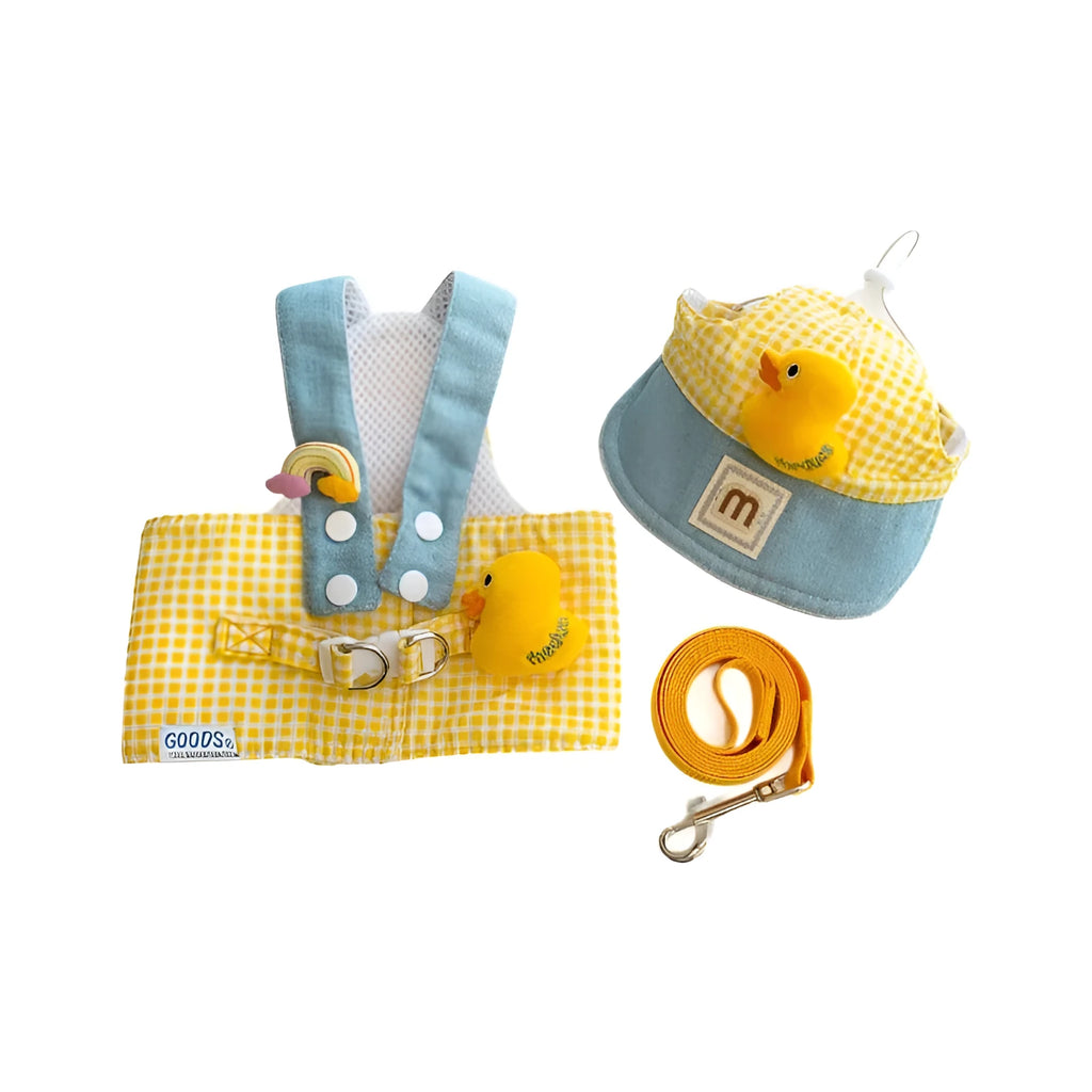 Adjustable pet harness and leash set with cotton cat clothes outfit, cute hat, and wire rope pulling toy