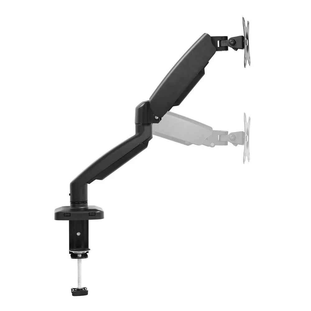 Black rotating telescopic LCD monitor bracket on a desk, showing adjustable height and swivel functions.