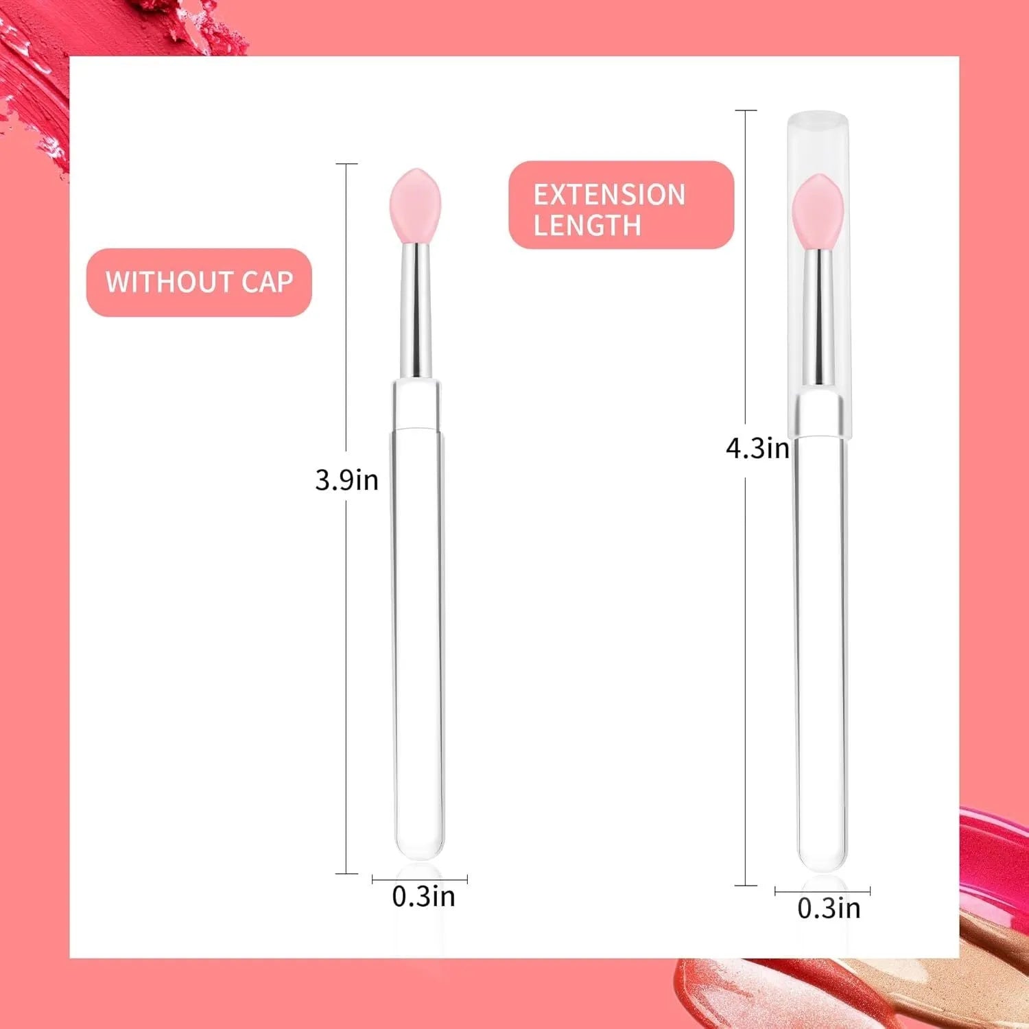 Reusable silicone lip brush with protective cap in one of eight colours: blue, pink, purple, red, rose red, skin colour, white, or yellow.