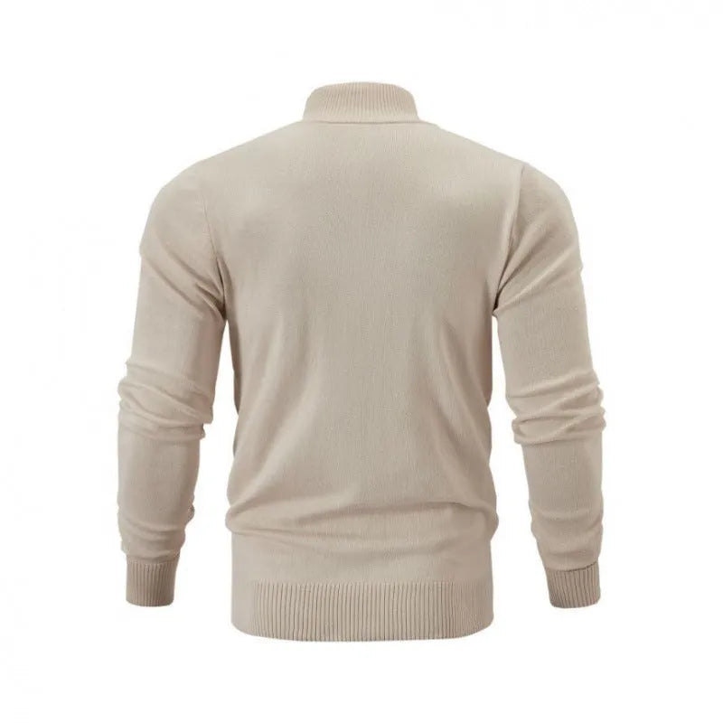 Casual stand collar zip-up sports sweater in a solid colour, shown on a model.