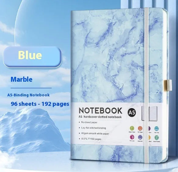 A5 PU leather strap notebook with horizontal lines available in marble and skin-feeling colours like black, blue, and gold