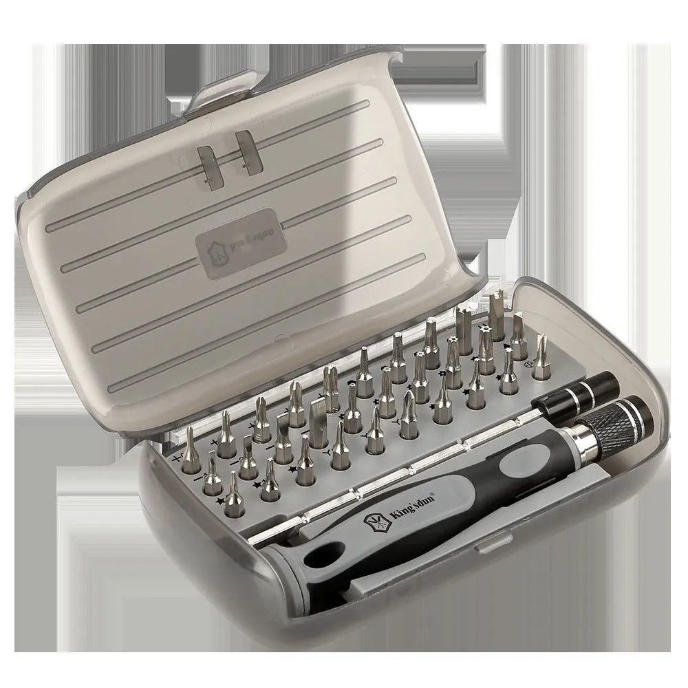 32-in-1 screwdriver set with 30 bits in a black plastic case, dimensions 130x75x37mm.