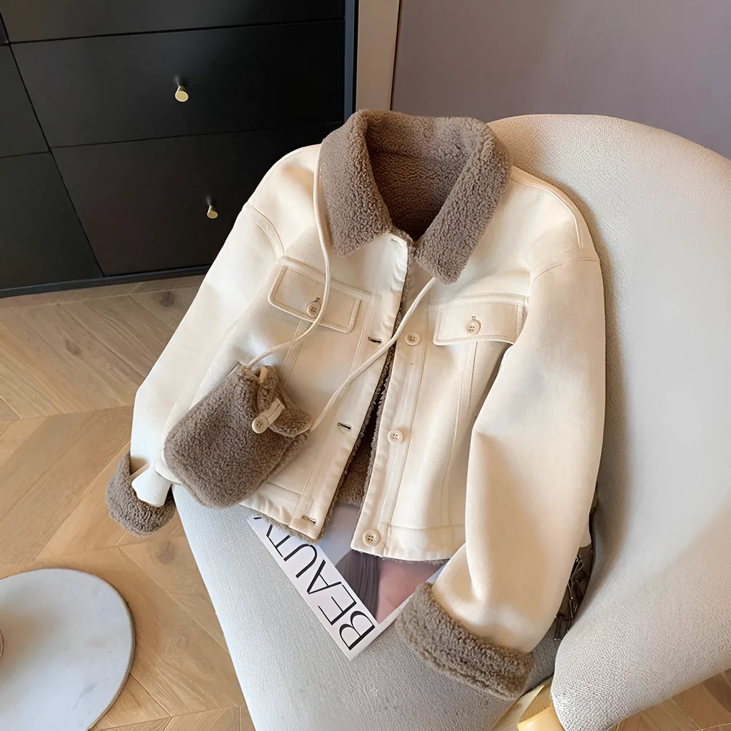 Loose thick small fur coat for women in beige apricot colour, sleeveless with velvet thickening