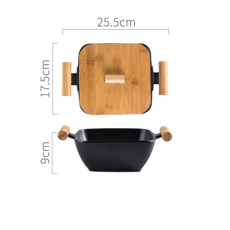 Irregular shaped porcelain ceramic bowl with lid in modern design for food service