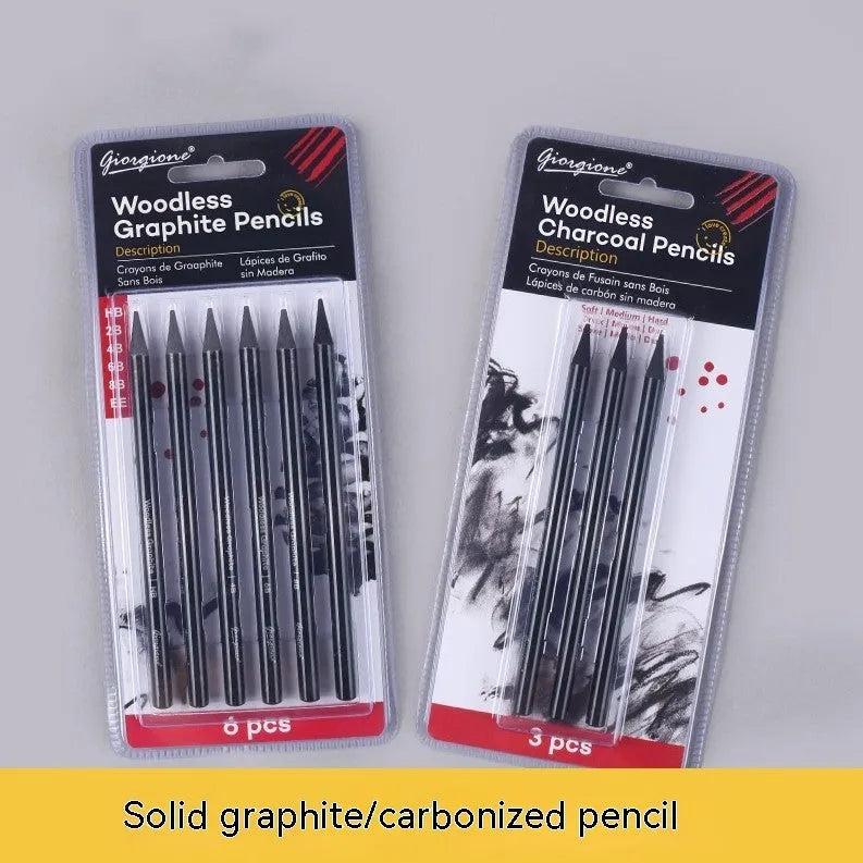 Set of six graphite pencils and three carbonized drawing pencils with wooden casings on a blister card.