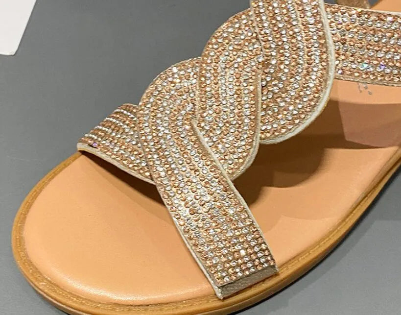 Women's Roman sandals with rhinestones, fish mouth toe, black colour, side view