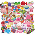 Pack of 50 colourful Candy series graffiti and cartoon vinyl stickers, each 4-6 cm long.