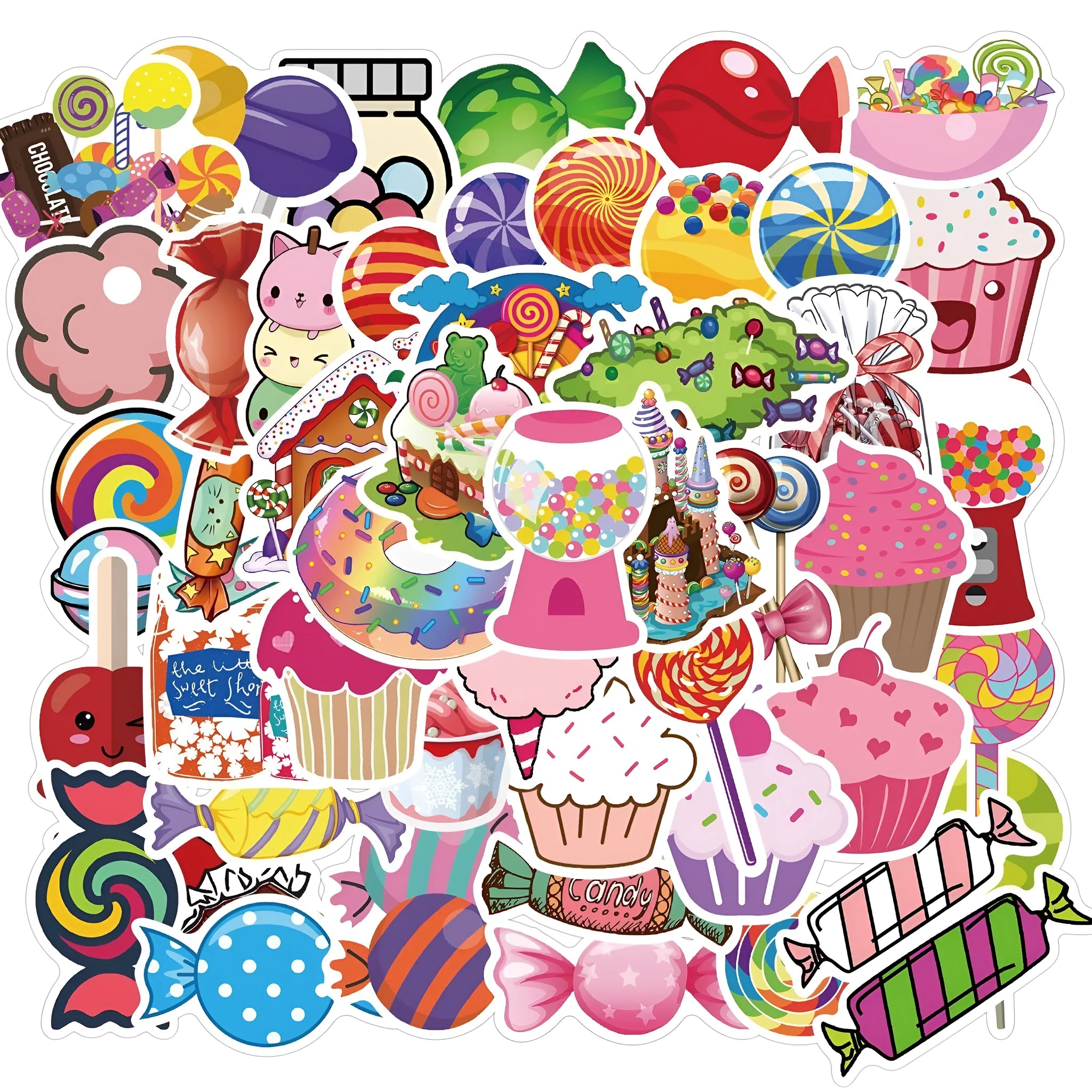 Pack of 50 colourful Candy series graffiti and cartoon vinyl stickers, each 4-6 cm long.