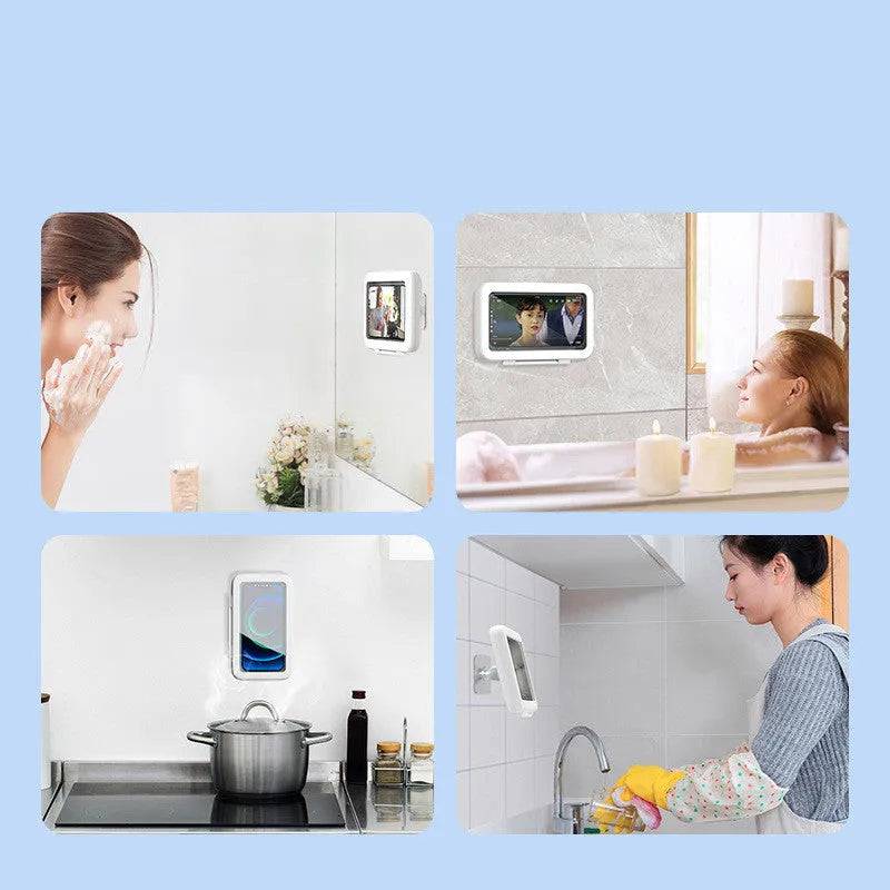 Waterproof shower phone case with touch screen mounted on bathroom tile holding mobile phone