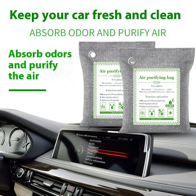 Bamboo charcoal wrapped activated carbon bag for formaldehyde removal in 100g, 200g, and 500g sizes.