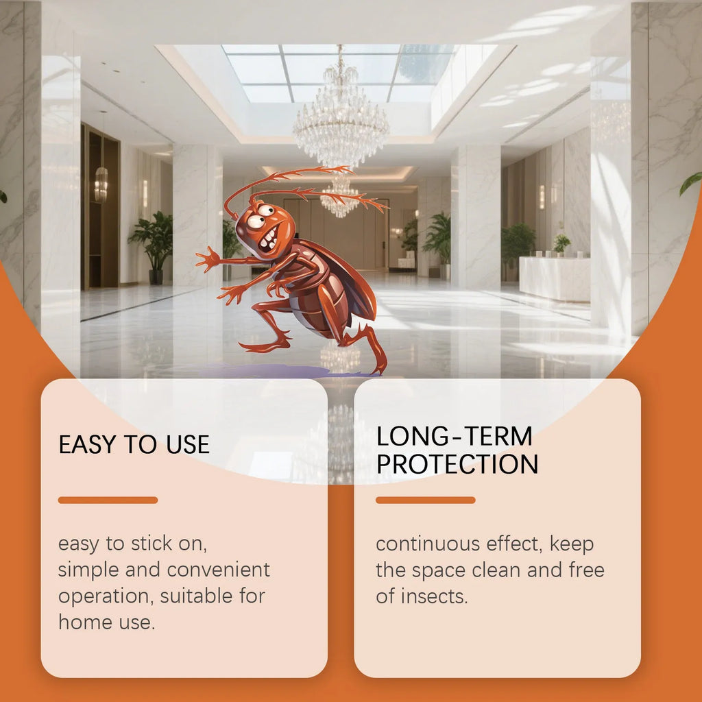 Eight cockroach bait formula stickers with adhesive backing for indoor kitchen pest control