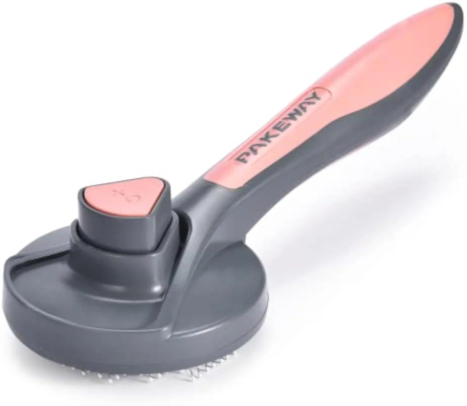Self-cleaning slicker brush for pets with a grey handle and fine metal bristles.