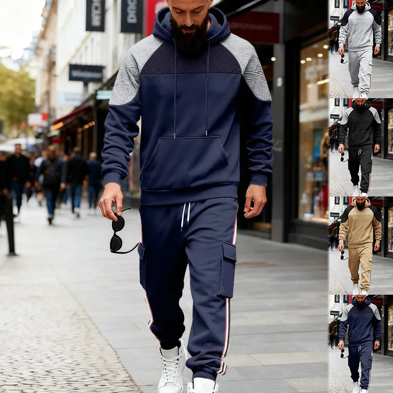 Loose colour-block polyester hoodie and matching sweatpants set in Black and other colour options