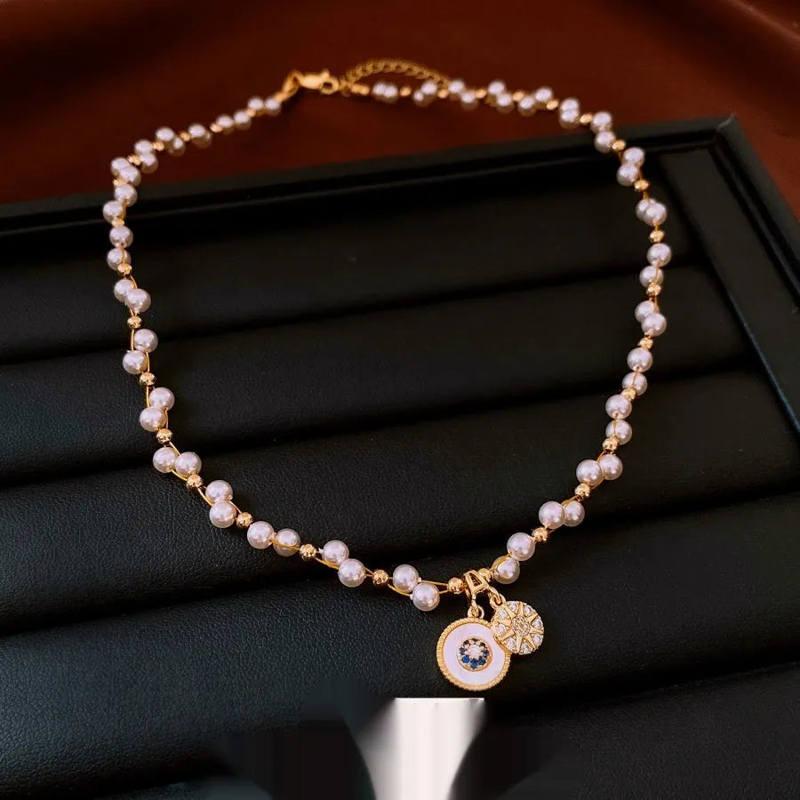 Gold plated zircon pearl round pendant necklace on clavicle chain with adjustable 41-50cm length
