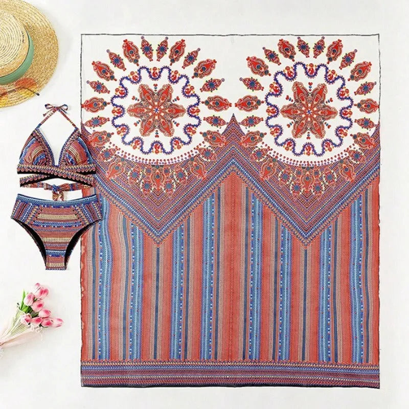 Women's three-piece swimsuit set showing high-waist cutout bottoms, sleeveless top, and coat in matching colour