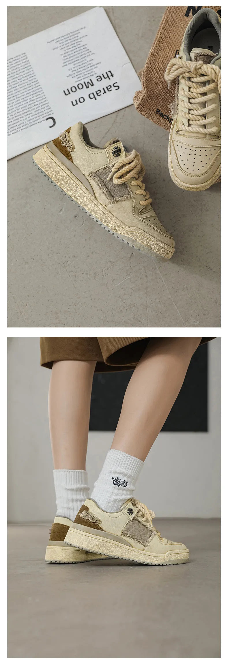 Beige vintage patch skateboard shoes with low-top design and round toe