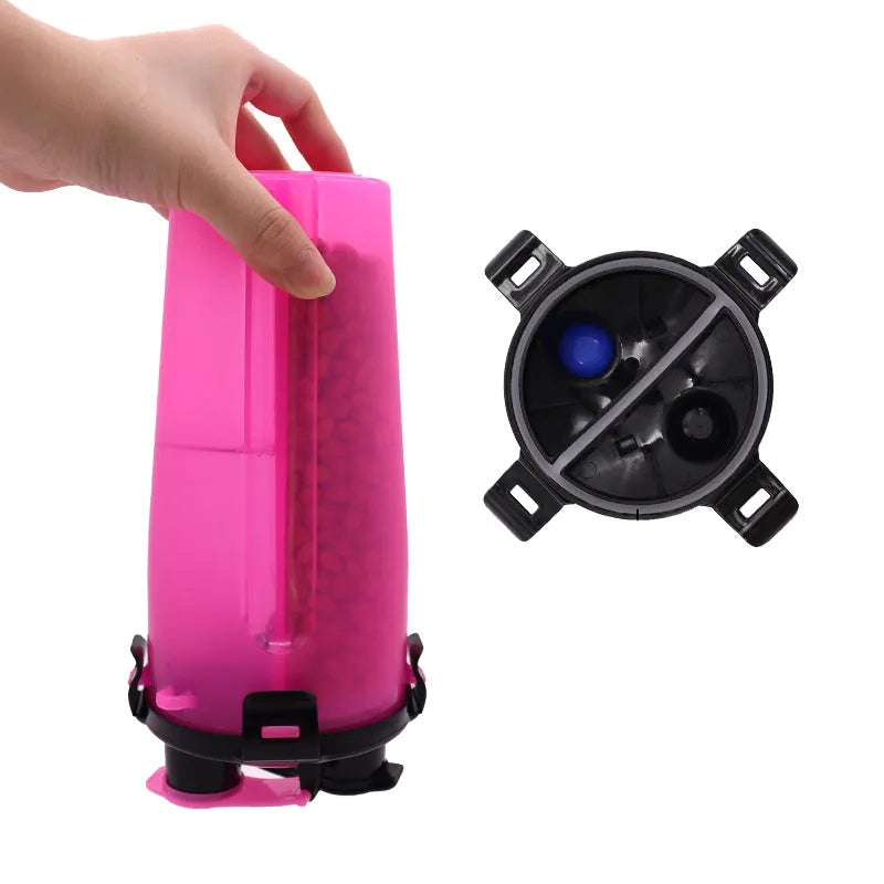 White portable pet water and food cup showing water and food compartments