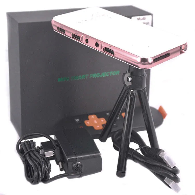 White and rose gold miniature DLP Android projector measuring 145mm wide with compact aluminium casing