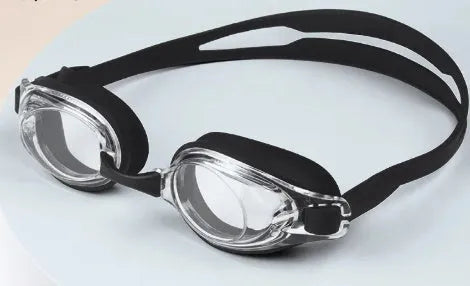 Black myopia swimming goggles with HD waterproof lenses and a matching protective storage case.