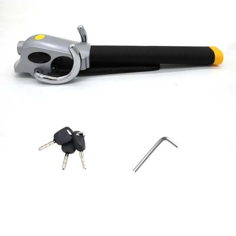 Universal car steering wheel lock with alarm in black gold finish on vehicle steering wheel