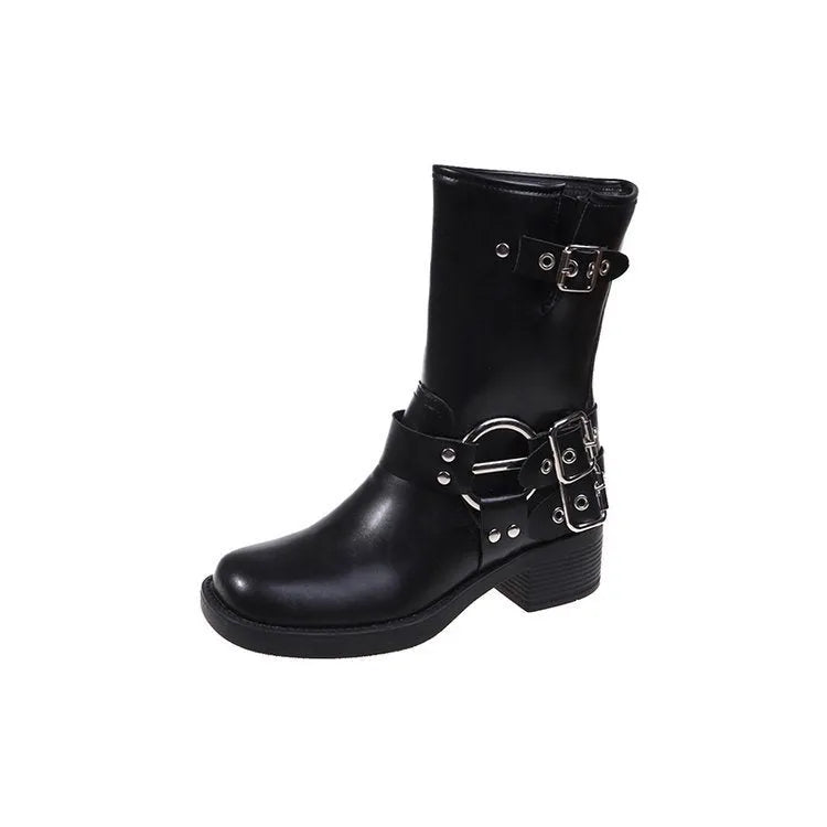 Women's black platform boots with belt buckle detail at mid-calf height