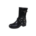 Women's black platform boots with belt buckle detail at mid-calf height