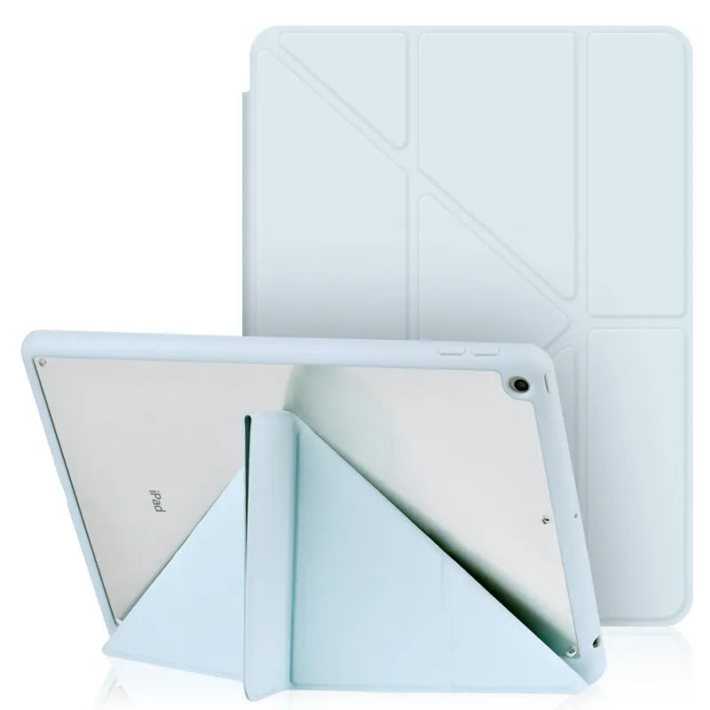 Slim imitation leather iPad case in dark grey with Y-fold bracket open and Apple Pencil in built-in slot.