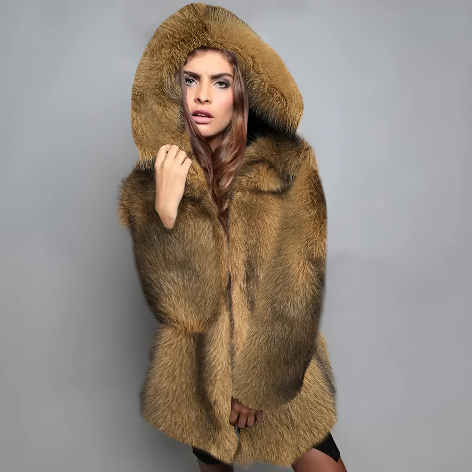 Silver grey women's loose-fit mid-length artificial fur coat on a hanger