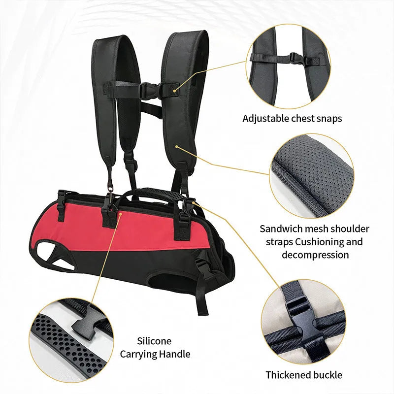 Multifunctional Oxford cloth pet backpack in black with colour accents shown in S, M, L sizes for outdoor walking