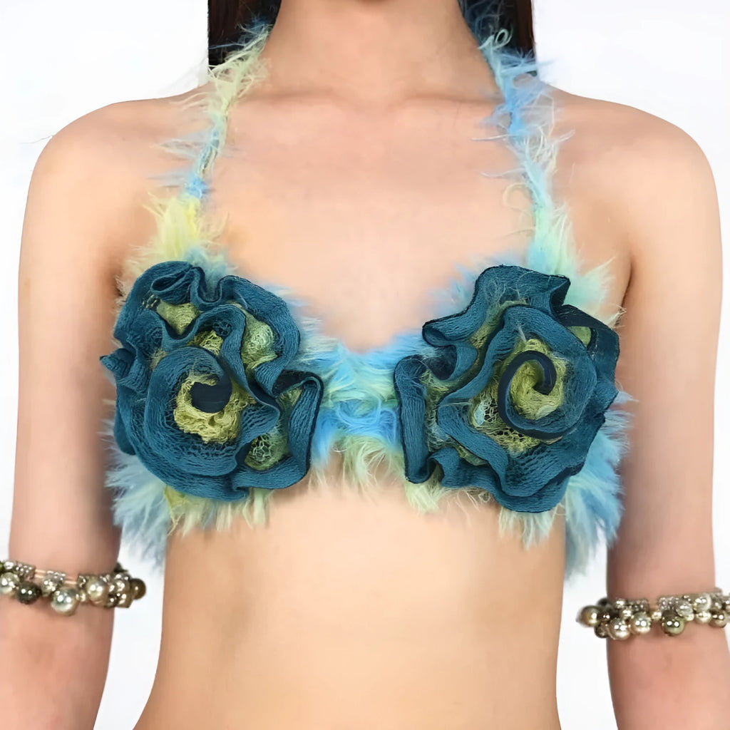Blue floral bikini top with handmade wool knitting effect on woman model summer beachwear