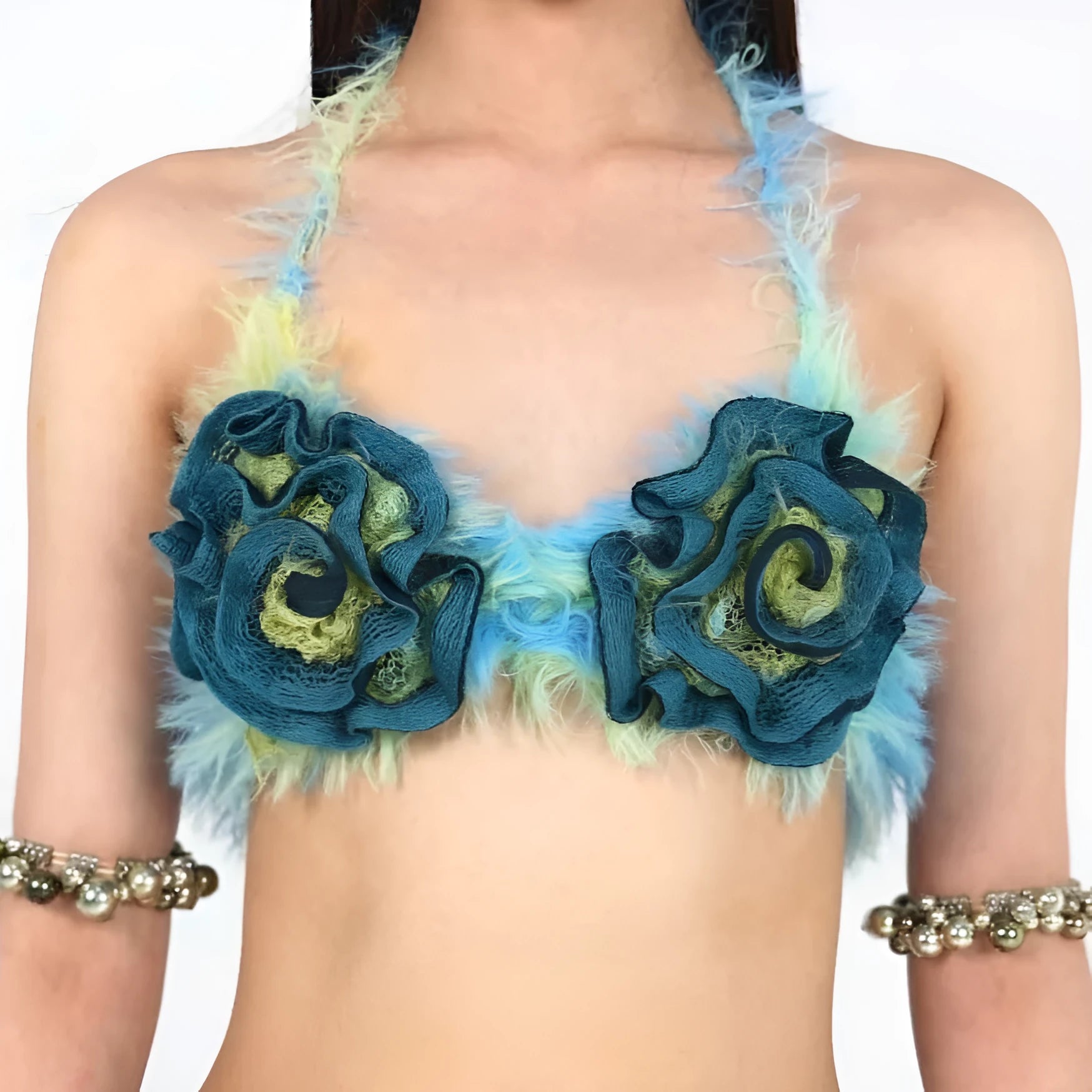 Blue floral bikini top with handmade wool knitting effect on woman model summer beachwear