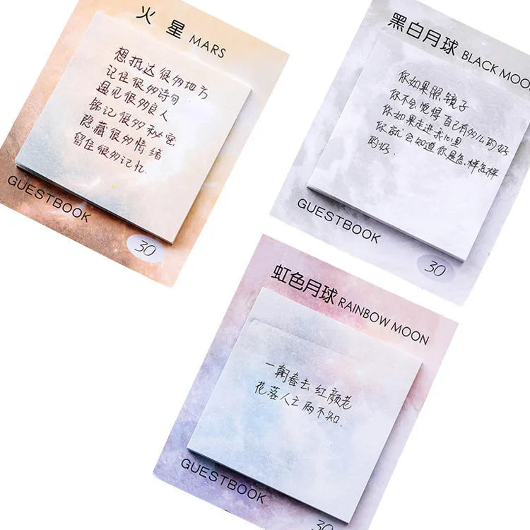 Square planet-themed sticky note pad with oil painting designs of Earth, Mars, and moons