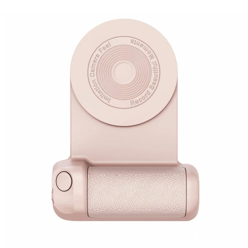 Black magnetic phone camera handle with rotatable design and PU leather grip on wooden table