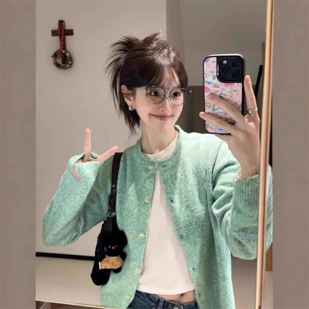 Loose fit long sleeve knitted cardigan for women in picture colour, polyester fabric with splicing design