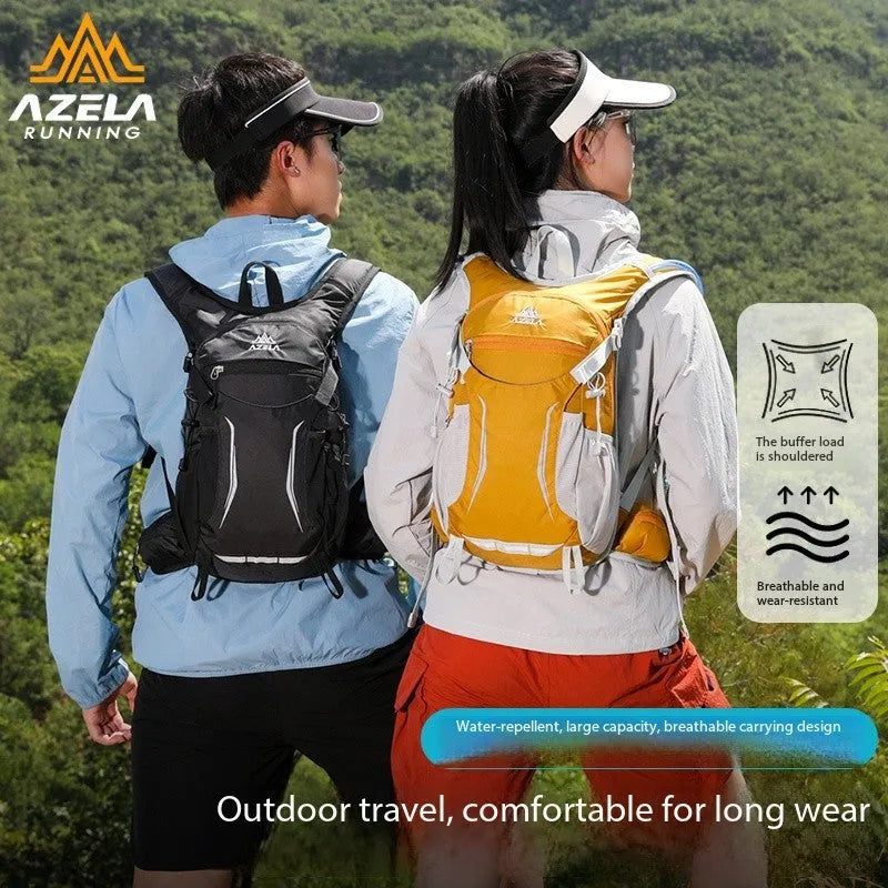 AZELA lightweight hydration backpack in breathable mesh with multiple compartments for trail running and hiking