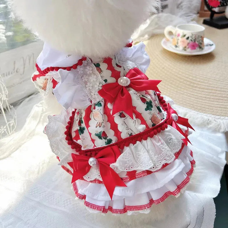 Polyester rabbit skirt princess dog dress shown on a small dog, with size chart for XS S M L XL.