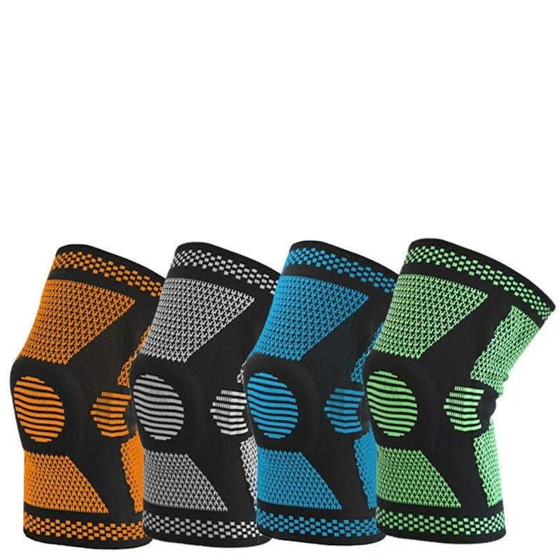 Green polyamide sports knee pad shown on leg, sizes M L XL for 35-55cm leg circumference.