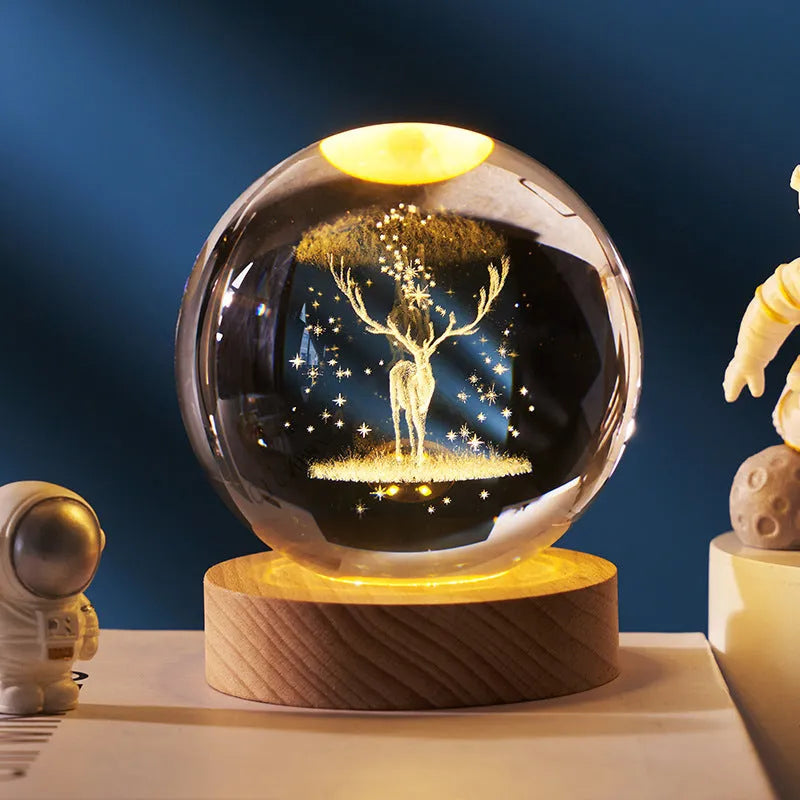 3D crystal ball night lamp with starry sky planets and moon projection on wooden base