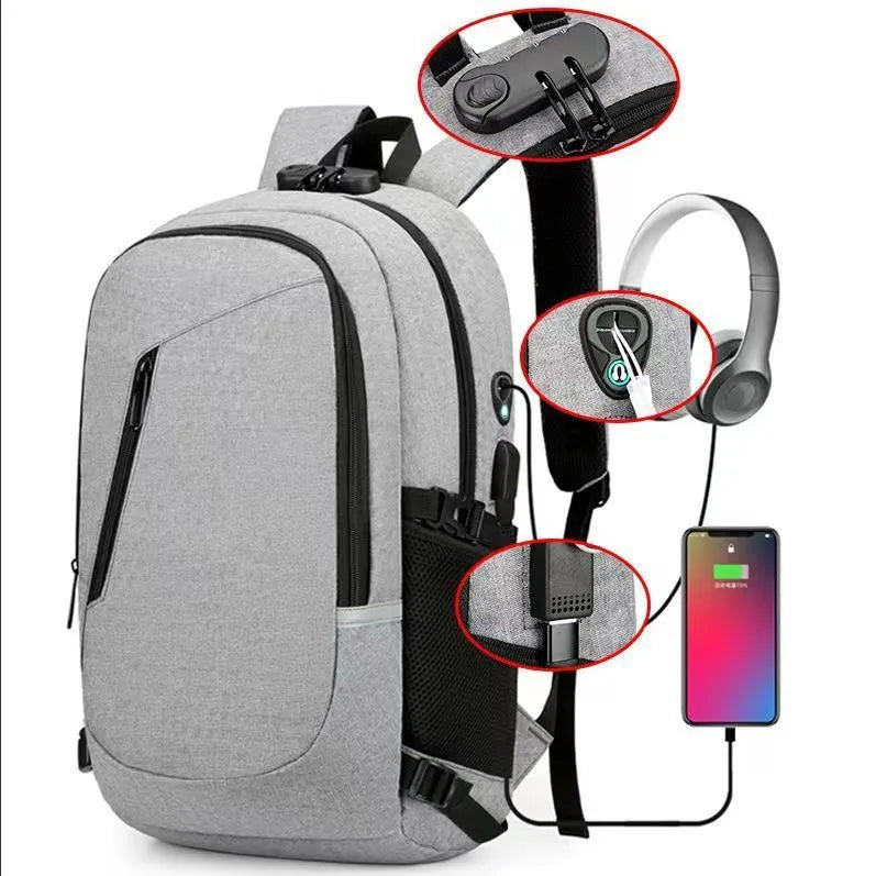 Oxford cloth casual backpack in blue, open to show interior, with a laptop inside.