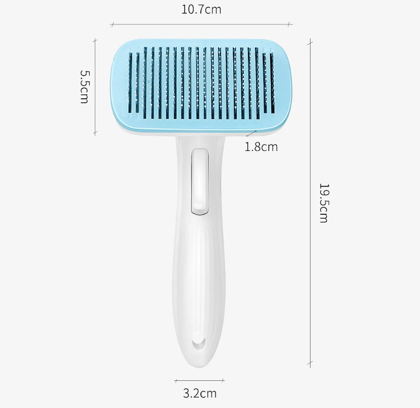 Automatic pet hair removal comb for dogs and cats in blue, grey, green, or pink.