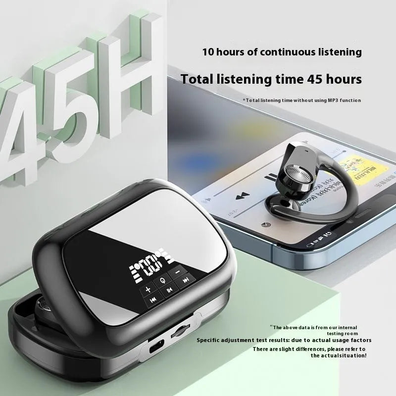 Sports running in-ear headset in black Q2S with ear hook design and digital display